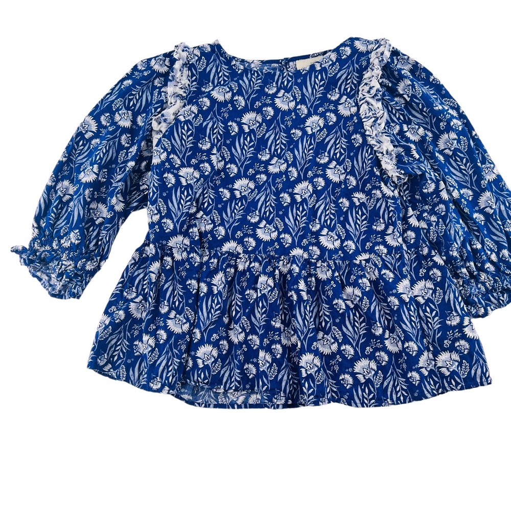 Universal Threads‎ Women's Blouse size Large Blue White Floral Pullover ruffled